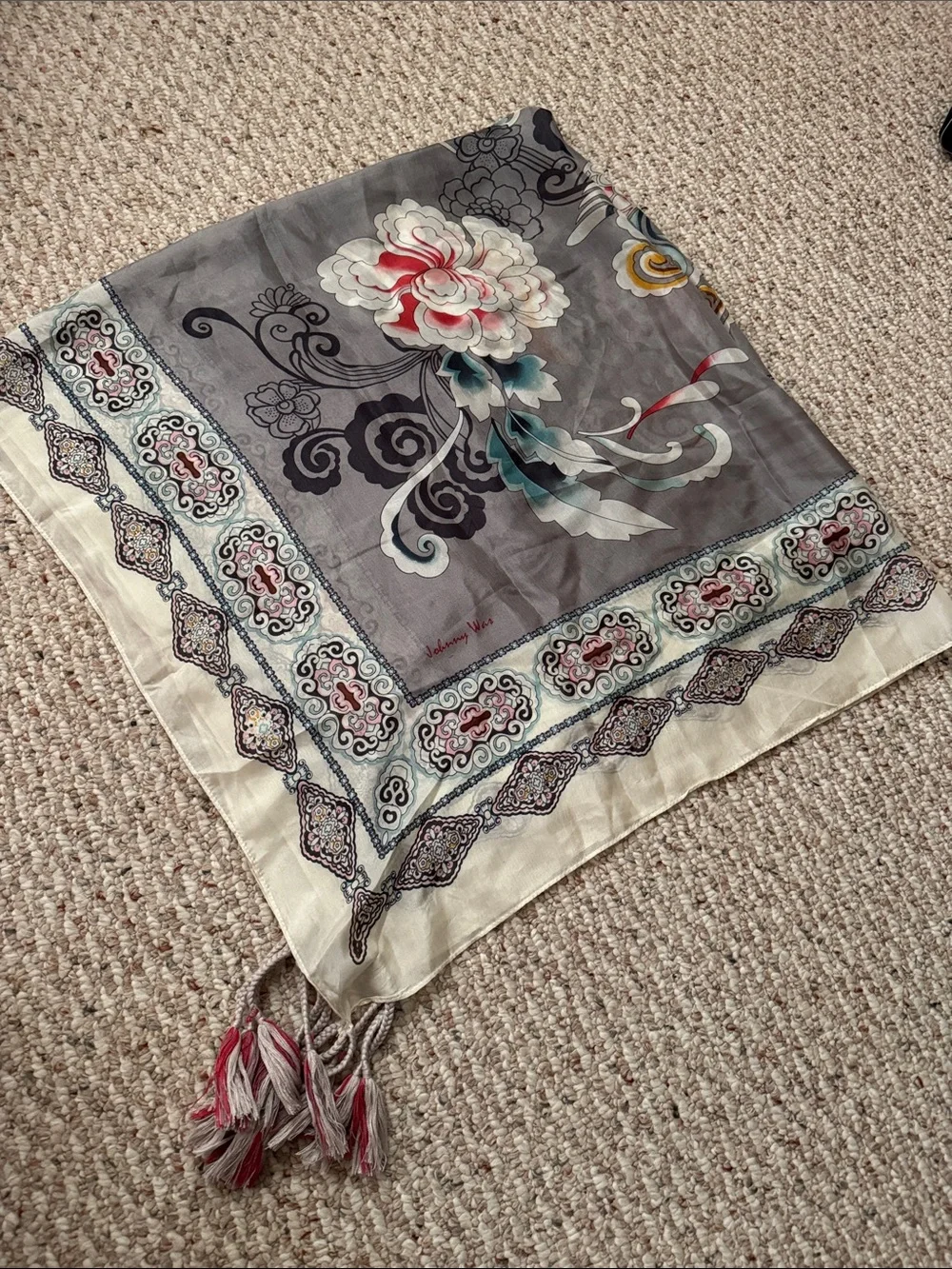 Johnny Was Silk Scarf Bird Peony 44” x44” Tasseled ends - Picture 1 of 5